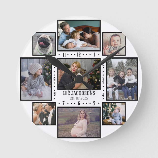 Family Photo Collage 9 Custom Pics Add Name White Round Clock (Front)
