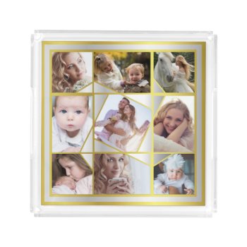Family Photo Collage 9 Instagram Pic Gold Silver Acrylic Tray by PictureCollage at Zazzle