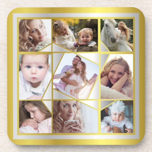 Family Photo Collage 9 Instagram Pic Gold Silver Beverage Coaster