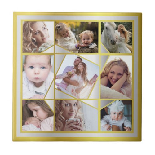 Family Photo Collage 9 Instagram Pic Gold Silver Ceramic Tile
