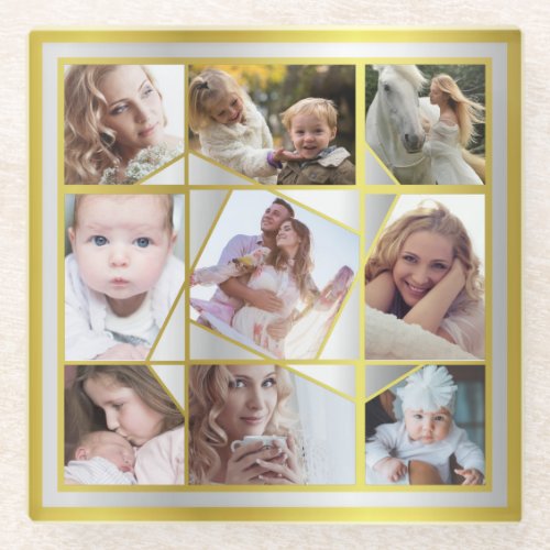 Family Photo Collage 9 Instagram Pic Gold Silver Glass Coaster