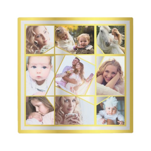 Family Photo Collage 9 Instagram Pic Gold Silver Metal Print