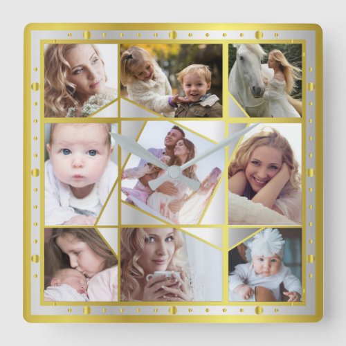 Family Photo Collage 9 Instagram Pic Gold Silver Square Wall Clock