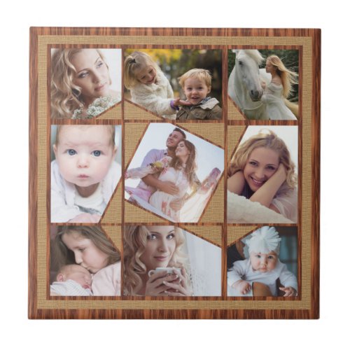 Family Photo Collage 9 Instagram Pics Wood Burlap Ceramic Tile