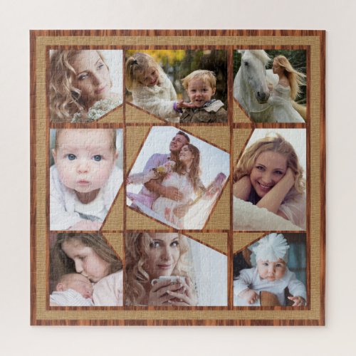 Family Photo Collage 9 Instagram Pics Wood Burlap Jigsaw Puzzle