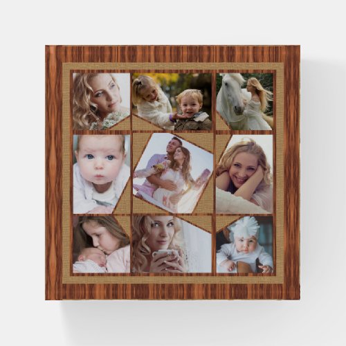 Family Photo Collage 9 Instagram Pics Wood Burlap Paperweight