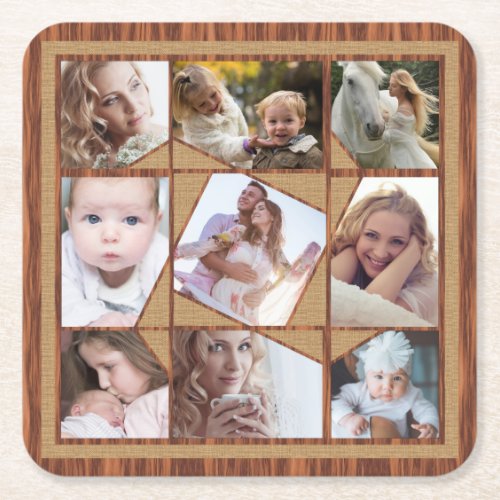 Family Photo Collage 9 Instagram Pics Wood Burlap Square Paper Coaster
