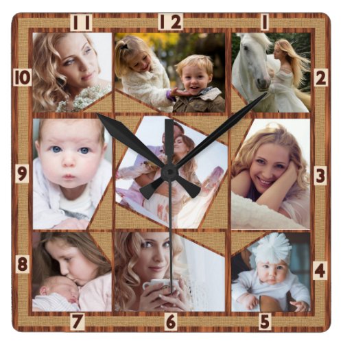 Family Photo Collage 9 Instagram Pics Wood Burlap Square Wall Clock