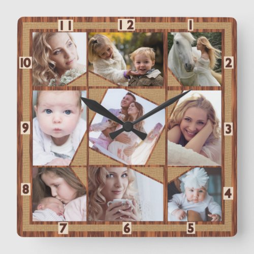 Family Photo Collage 9 Instagram Pics Wood Burlap Square Wall Clock