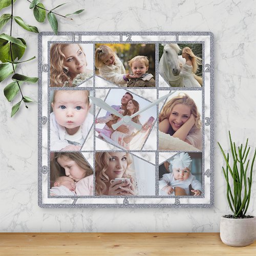 Family Photo Collage 9 Instagram Pictures  Marble Square Wall Clock