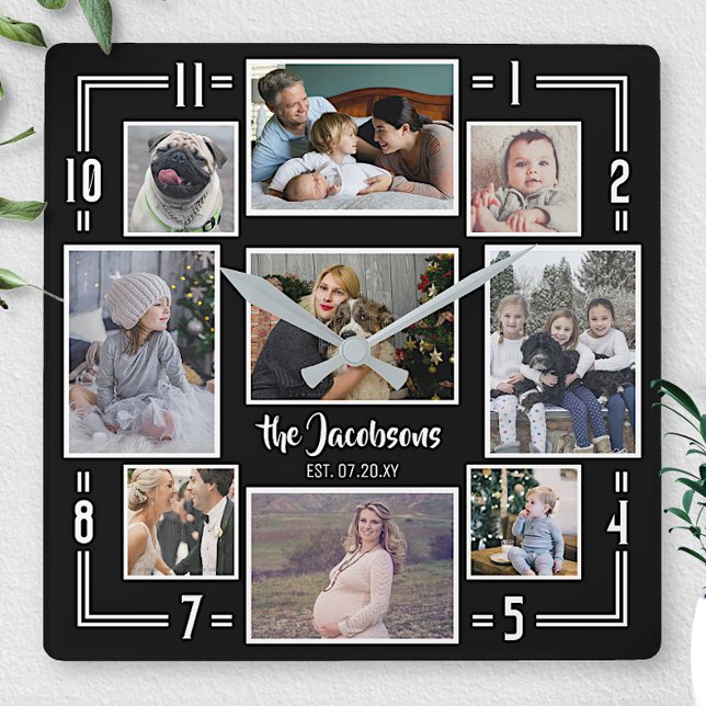Family Photo Collage 9 Pic Black White Stripe Name Square Wall Clock (Creator Uploaded)