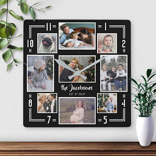 Family Photo Collage 9 Pic Black White Stripe Name Square Wall Clock