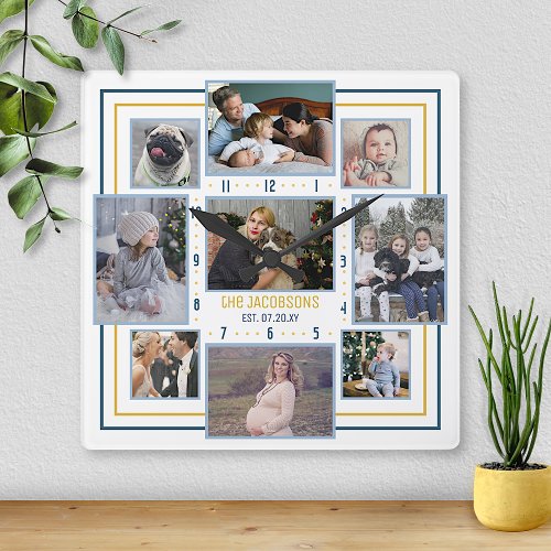 Family Photo Collage 9 Pic Name Blue Yellow Stripe Square Wall Clock