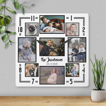 Family Photo Collage 9 Pic White Black Stripe Name Square Wall Clock by PictureCollage at Zazzle