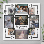 Family Photo Collage 9 Pic White Black Stripe Name Square Wall Clock<br><div class="desc">This simple, modern photo collage clock has a geometric look with squared numbers and two black stripes on a white background. It includes room for 9 of your personalized family pictures. The clock has 3 horizontal, 2 vertical, and 4 Instagram-style square photographs. The clock has a black frame around each...</div>