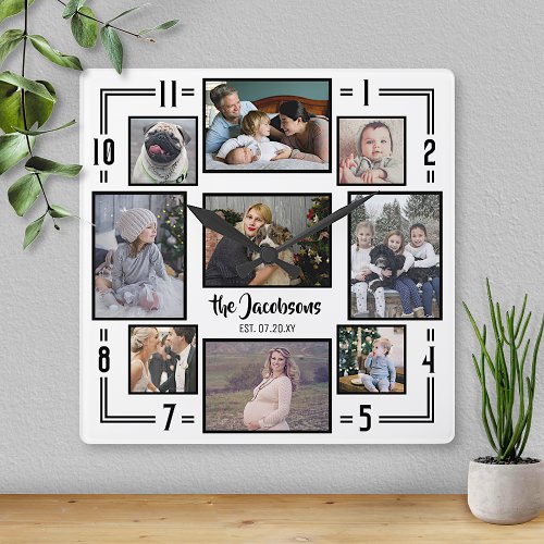 Family Photo Collage 9 Pic White Black Stripe Name Square Wall Clock