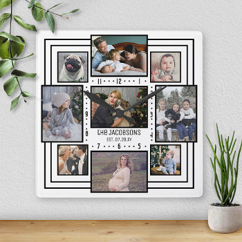 Family Photo Collage 9 Pics Name White Striped Mod Square Wall Clock by PictureCollage at Zazzle