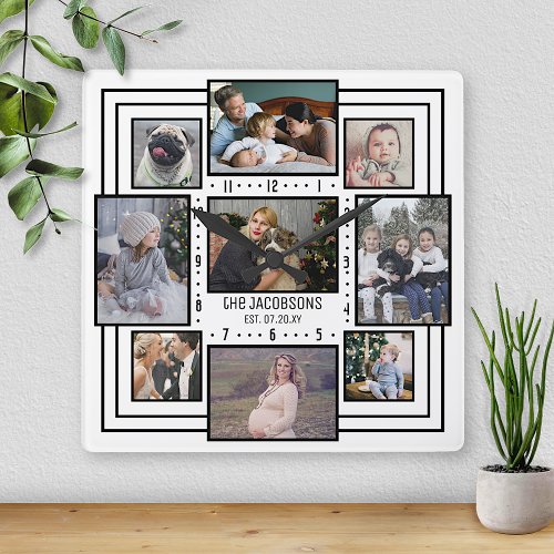 Family Photo Collage 9 Pics Name White Striped Mod Square Wall Clock