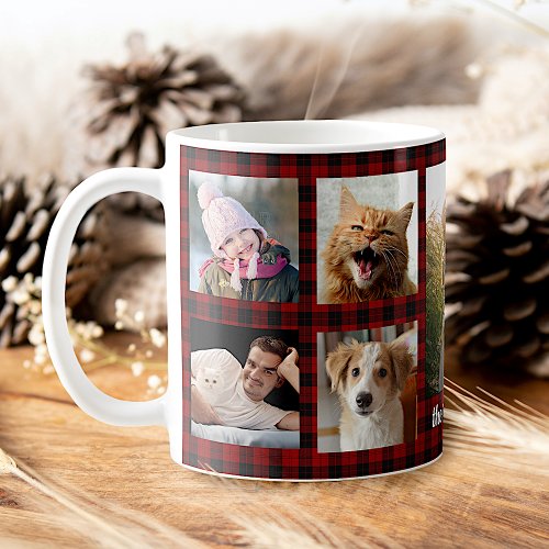 Family Photo Collage 9 Pictures Red Plaid Easy DIY Coffee Mug