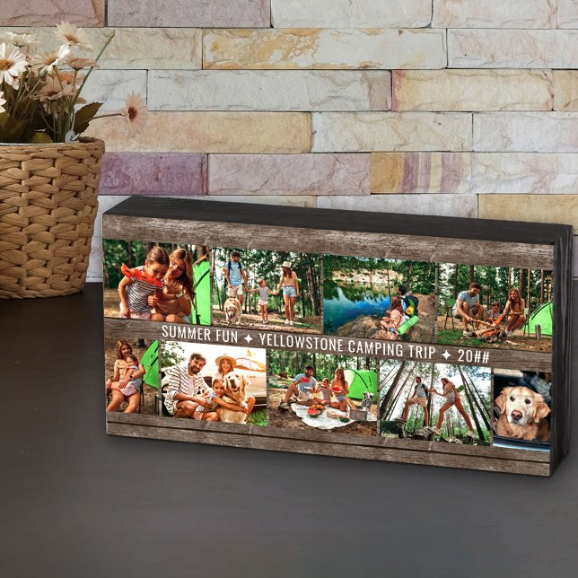 Family Photo Collage Add 9 Photos & Custom Text Wooden Box Sign (Creator Uploaded)