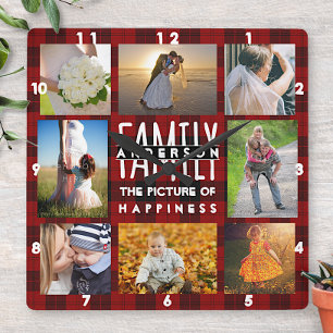Family Photo Collage Add Name 8 Picture Red Plaid Square Wall Clock