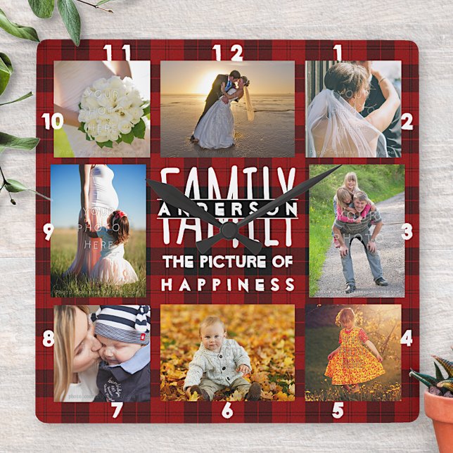 Family Photo Collage Add Name 8 Picture Red Plaid Square Wall Clock (Creator Uploaded)