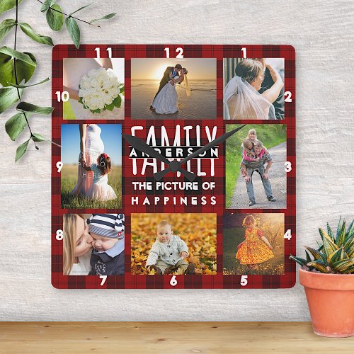 Family Photo Collage Add Name 8 Picture Red Plaid Square Wall Clock