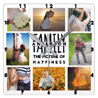 Family Photo Collage Add Name Template | 8 Picture Square Wall Clock