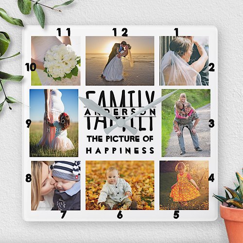 Family Photo Collage Add Name Template  8 Picture Square Wall Clock