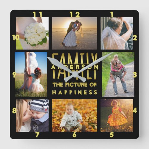 Family Photo Collage Add Name Template Gold Black Square Wall Clock