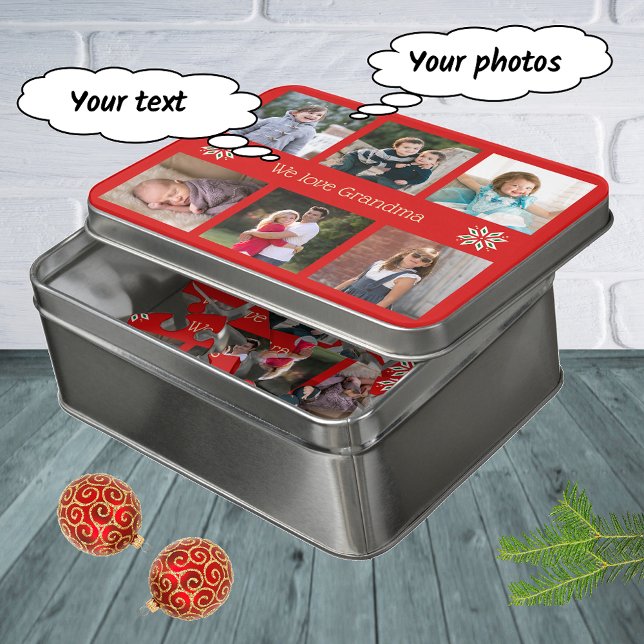 Family photo collage add text red christmas tin jigsaw puzzle (Creator Uploaded)