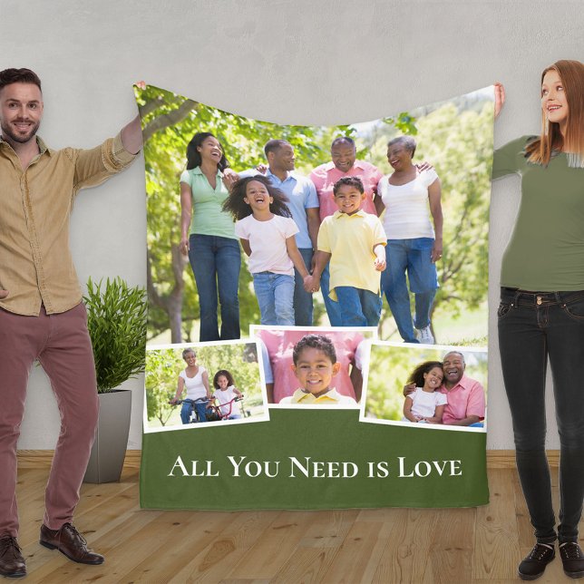Family Photo Collage All You Need is Love Green Fleece Blanket (Creator Uploaded)