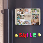 Family Photo Collage and Happy Quote Neutral Beige Magnet<br><div class="desc">Photo Collage magnet with 10 of your favorite photos. The wording in the center reads "believe be happy" and is lettered in bold typography and casual, skinny font script. The photo template is set up for you to add 10 pictures, which are displayed in landscape, square and portrait pictures to...</div>