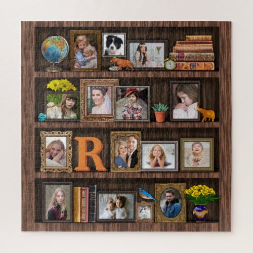 Family Photo Collage Antique Bookcase Cool Square Jigsaw Puzzle