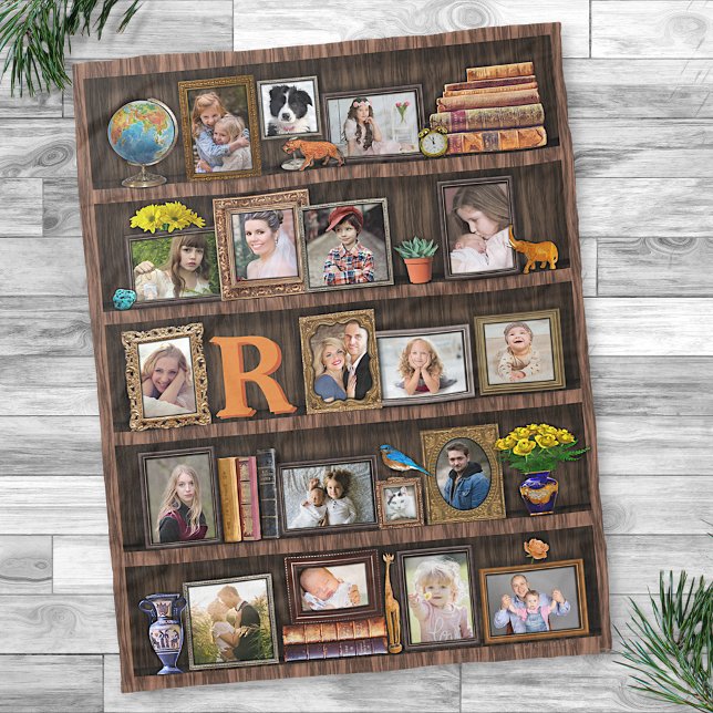 Family Photo Collage Antique Bookcase Personalized Fleece Blanket (Creator Uploaded)