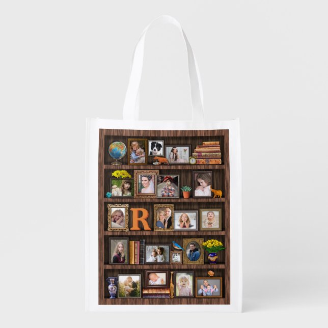 Family Photo Collage Antique Bookcase Personalized Grocery Bag (Front)