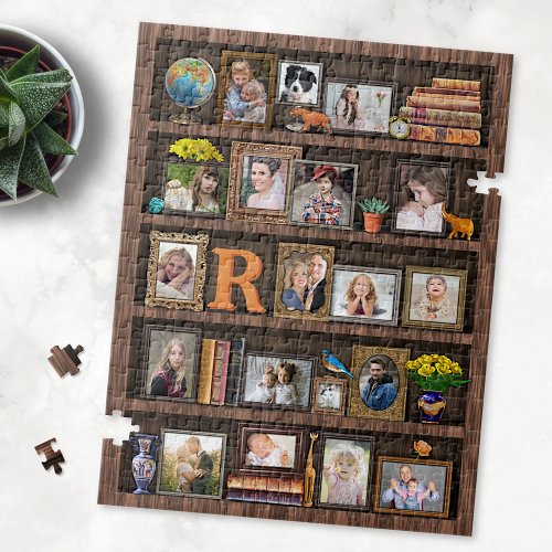 Family Photo Collage Antique Bookcase Personalized Jigsaw Puzzle