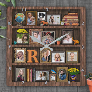 Family Photo Collage Antique Bookcase Personalized Square Wall Clock