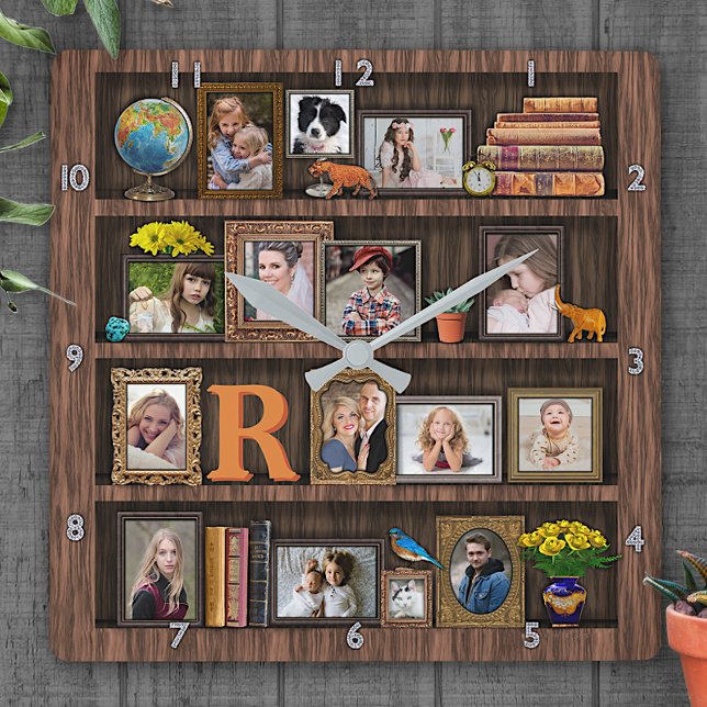 Family Photo Collage Antique Bookcase Personalized Square Wall Clock (Creator Uploaded)