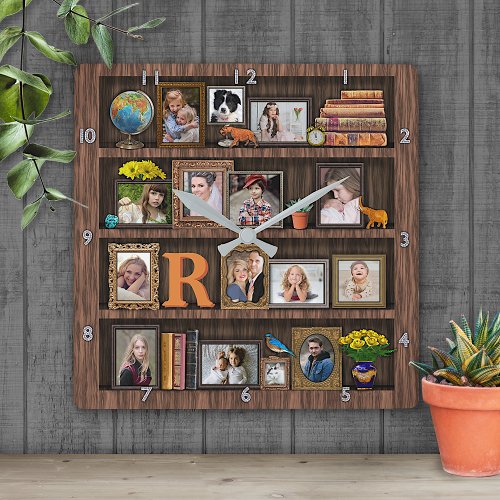 Family Photo Collage Antique Bookcase Personalized Square Wall Clock
