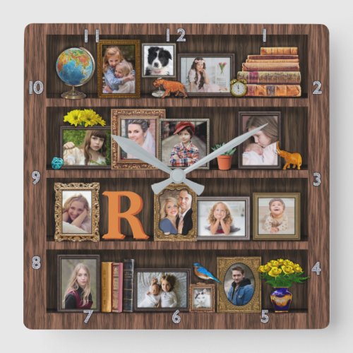 Family Photo Collage Antique Bookcase Personalized Square Wall Clock