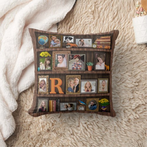 Family Photo Collage Antique Bookcase Personalized Throw Pillow