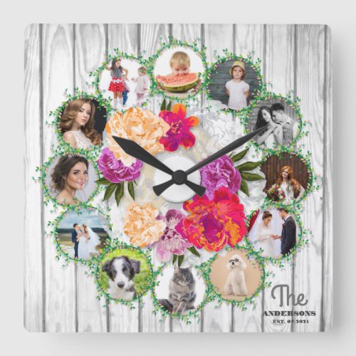 Family photo collage around bouquet of flowers square wall clock