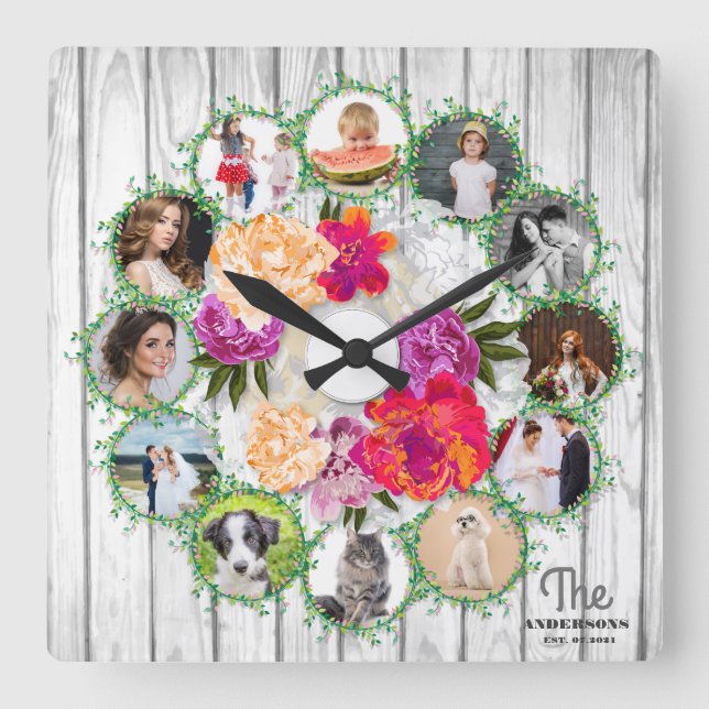 Family photo collage around bouquet of flowers square wall clock (Front)