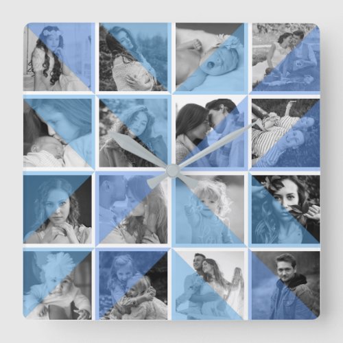 Family Photo Collage Artistic Blue Instagram Pics Square Wall Clock