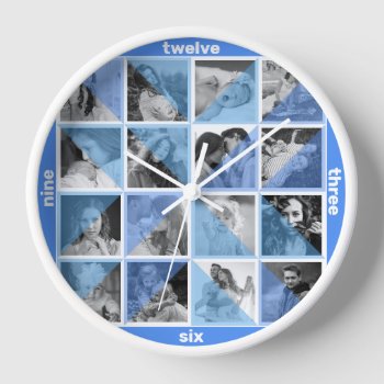 Family Photo Collage Artistic Blue Mod Instagram Clock by PictureCollage at Zazzle