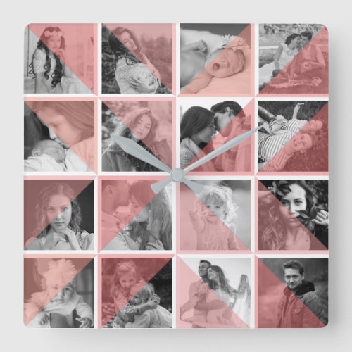 Family Photo Collage Artistic Pink Instagram Pics Square Wall Clock