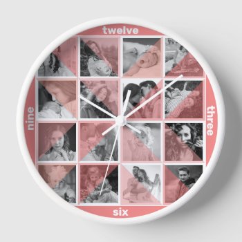 Family Photo Collage Artistic Pink Mod Instagram Clock by PictureCollage at Zazzle