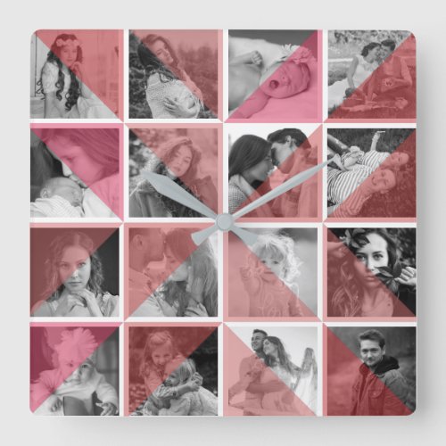 Family Photo Collage Artistic Red Instagram Pics Square Wall Clock