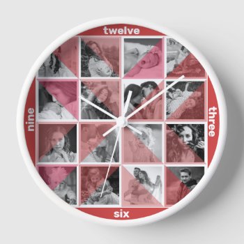 Family Photo Collage Artistic Red Mod Instagram Clock by PictureCollage at Zazzle